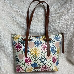 Fossil Spring Bouquet multi color synthetic leather tote brown trims & straps